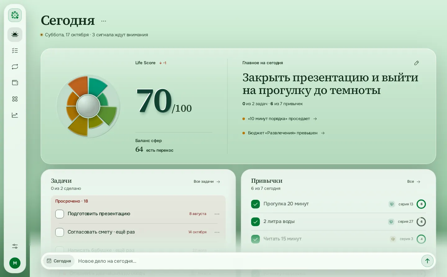Экран «Сегодня» в Ритме: колесо сфер, Life Score 70, главное на сегодня, задачи и привычки